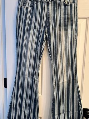 L&B Boho Denim Blue and White Vertical Stripe Flare Jeans